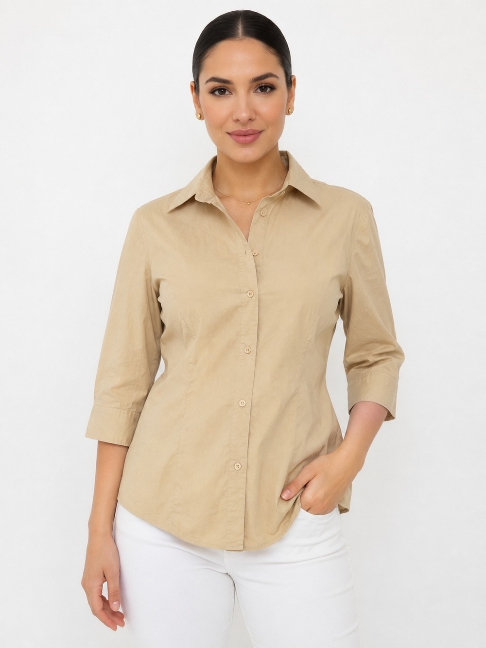 Zara Basic Women's Beige Button Front 3/4 Sleeve Cotton Shirt Size L.